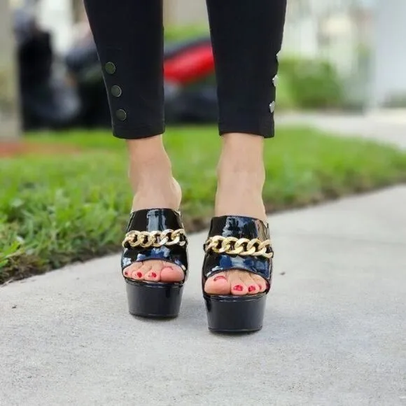 Women's Platform Heeled Mule Open Loafers Black Color Patent