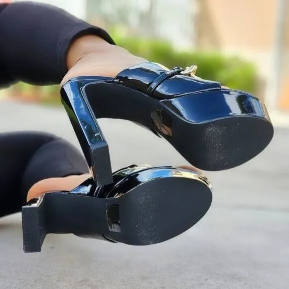 Women's Platform Heeled Mule Open Loafers Black Color Patent
