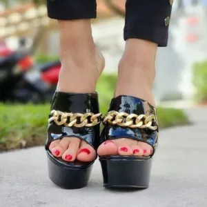 Women's Platform Heeled Mule Open Loafers Black Color Patent
