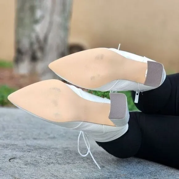 Women's Pointed Toe Chunky High Heel Lace Up Boots White Color