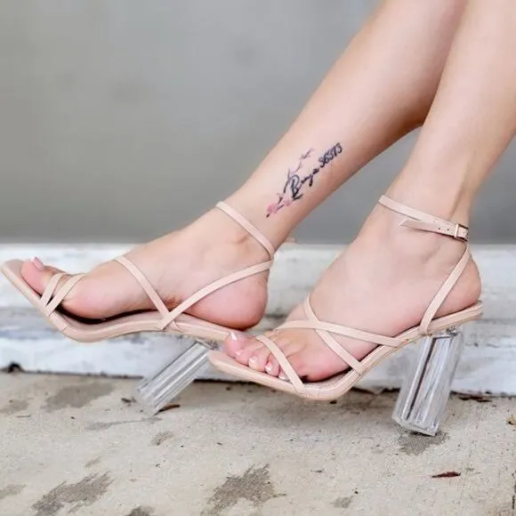 Women Square Toe Clear Block High Heel Sandals Nude Color