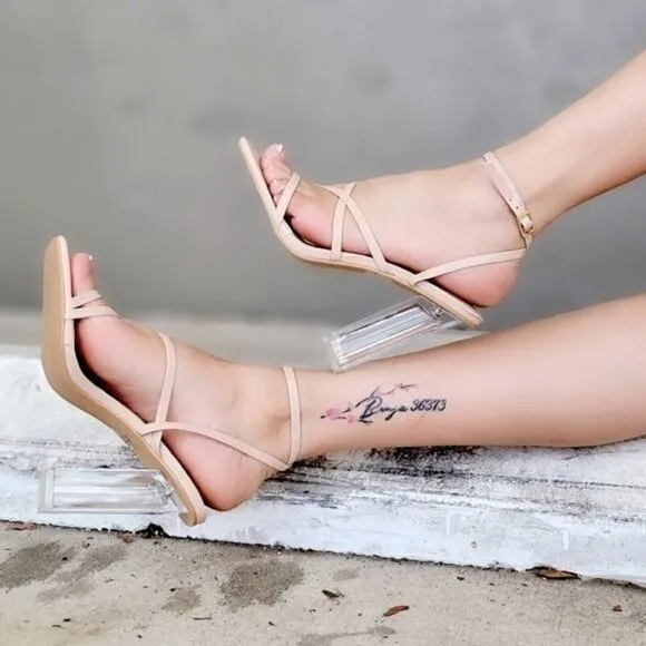 Women Square Toe Clear Block High Heel Sandals Nude Color