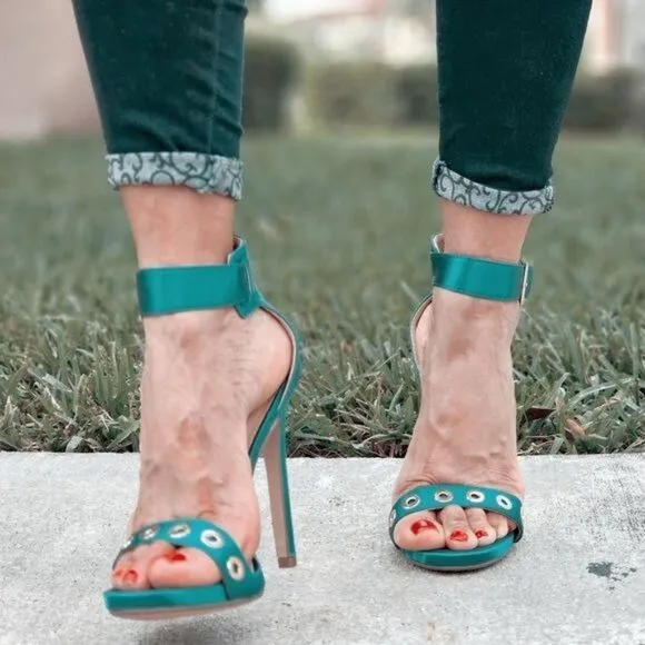 Women's Strappy Ankle High Heel Sandals Teal Color