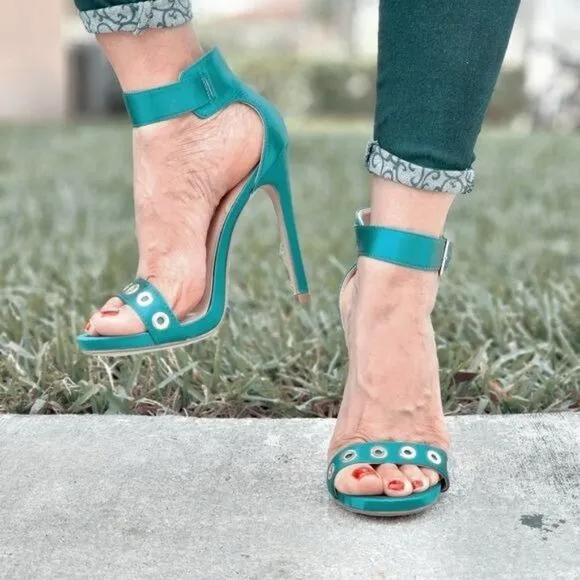 Women's Strappy Ankle High Heel Sandals Teal Color