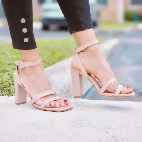 Womens Triple Straps Chunky Heels Sandals Nude Color