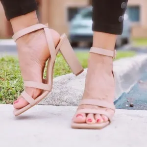 Womens Triple Straps Chunky Heels Sandals Nude Color