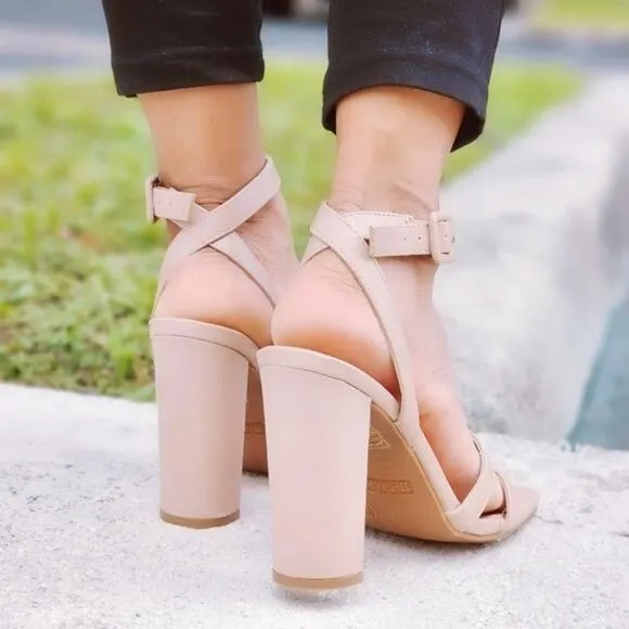 Womens Triple Straps Chunky Heels Sandals Nude Color