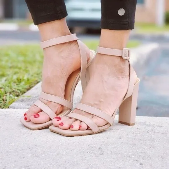 Womens Triple Straps Chunky Heels Sandals Nude Color