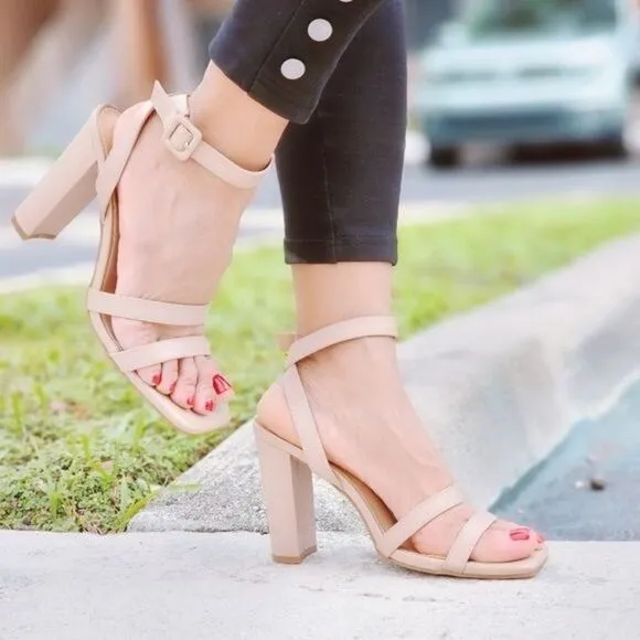 Womens Triple Straps Chunky Heels Sandals Nude Color