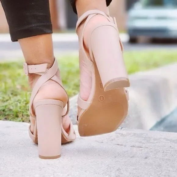 Womens Triple Straps Chunky Heels Sandals Nude Color