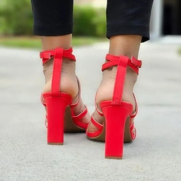 Womens Triple Straps Chunky Heels Sandals Red Color