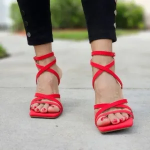 Womens Triple Straps Chunky Heels Sandals Red Color