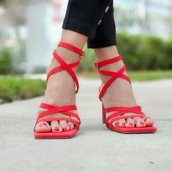 Womens Triple Straps Chunky Heels Sandals Red Color