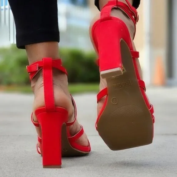 Womens Triple Straps Chunky Heels Sandals Red Color