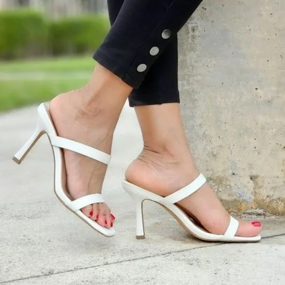 Women White Double Strap Mule Heels Sandals