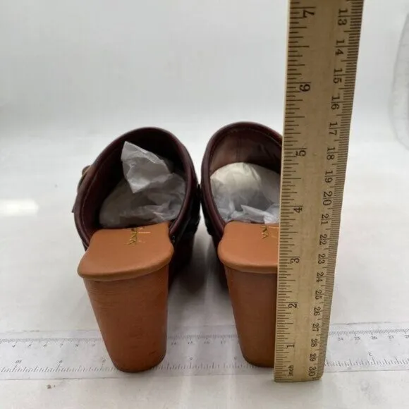 XYD Cork Mules Heels for Women Studs Buckle Strap Fasten Closed Round Toe Brown