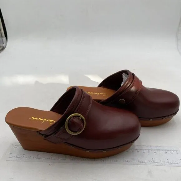 XYD Cork Mules Heels for Women Studs Buckle Strap Fasten Closed Round Toe Brown