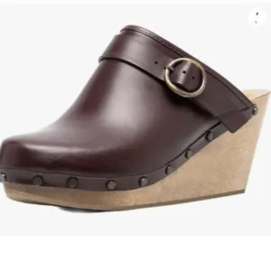 XYD Cork Mules Heels for Women Studs Buckle Strap Fasten Closed Round Toe Brown
