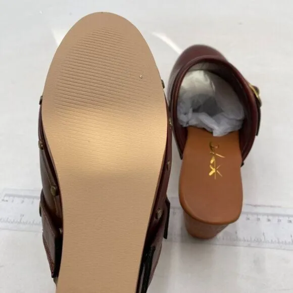 XYD Cork Mules Heels for Women Studs Buckle Strap Fasten Closed Round Toe Brown