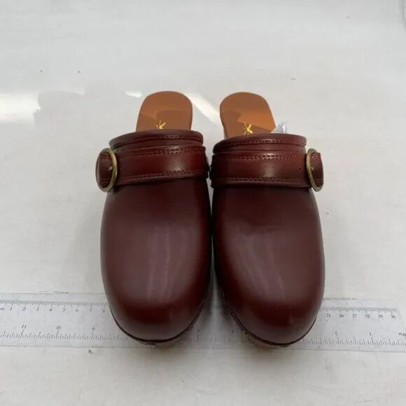 XYD Cork Mules Heels for Women Studs Buckle Strap Fasten Closed Round Toe Brown