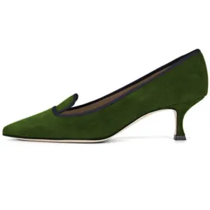 YDN Women Formal Closed Pointed Toe Pumps Low Kitten Heel,Green Loafers Shoes