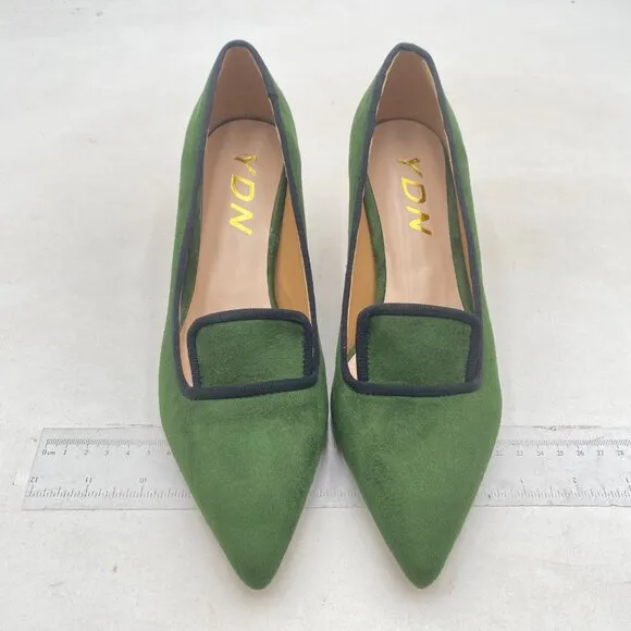 YDN Women Formal Closed Pointed Toe Pumps Low Kitten Heel,Green Loafers Shoes