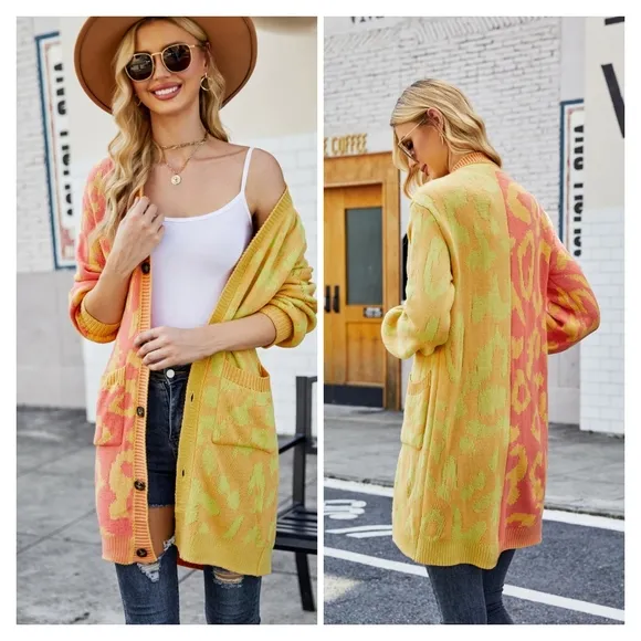 Yellow Leopard Button Down Cardigan