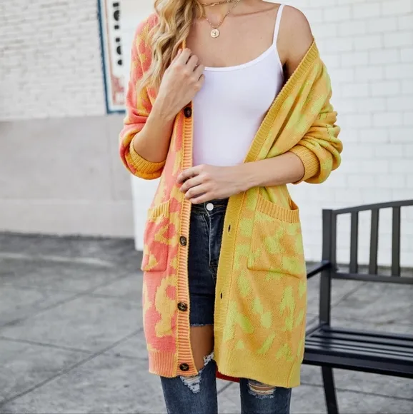 Yellow Leopard Button Down Cardigan