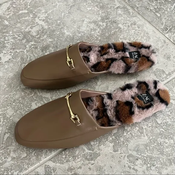 Zac Posen Leather Savanna Coffee Leopard Print Fur Mules/ Flats Size 11 NEW