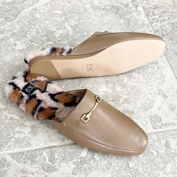 Zac Posen Leather Savanna Coffee Leopard Print Fur Mules/ Flats Size 11 NEW
