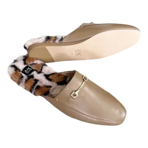Zac Posen Leather Savanna Coffee Leopard Print Fur Mules/ Flats Size 11 NEW