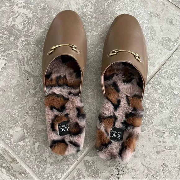Zac Posen Leather Savanna Coffee Leopard Print Fur Mules/ Flats Size 11 NEW