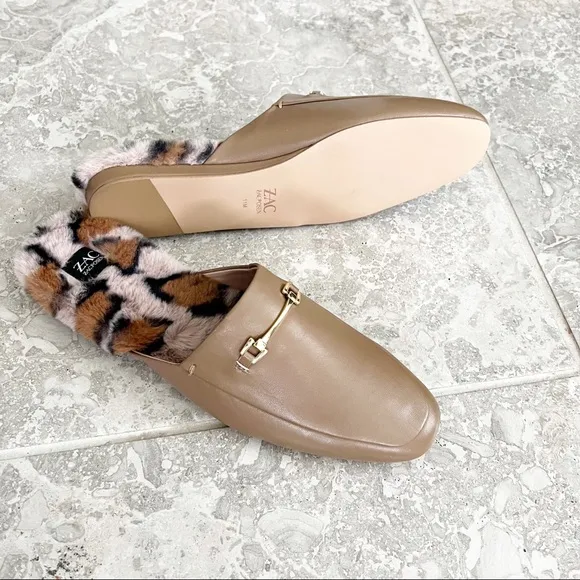 Zac Posen Leather Savanna Coffee Leopard Print Fur Mules/ Flats Size 11 NEW