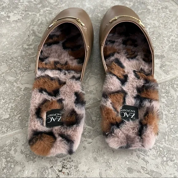 Zac Posen Leather Savanna Coffee Leopard Print Fur Mules/ Flats Size 11 NEW