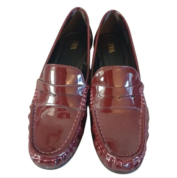 Zara Burgundy Patent Leather Loafers Women's Red Slip On Flats Size 6