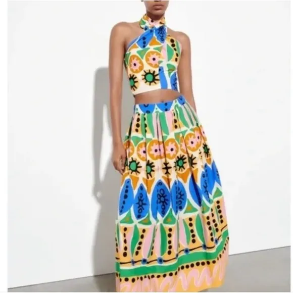 ZARA Colorful Cotton Abstract Batik African Print Pleated Maxi Skirt