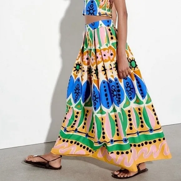ZARA Colorful Cotton Abstract Batik African Print Pleated Maxi Skirt