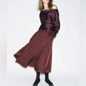 Zara elastic waistband burgundy maroon flowy midi skirt