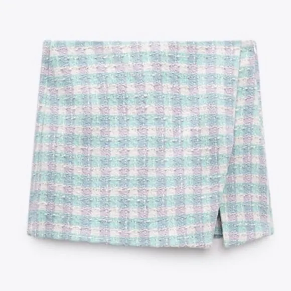 ZARA Green Purple White Textured Tweed Wrap Skirt Shorts Skort