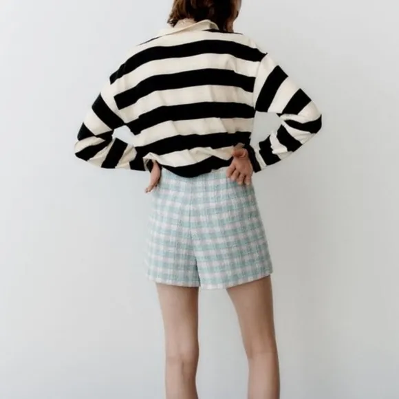 ZARA Green Purple White Textured Tweed Wrap Skirt Shorts Skort