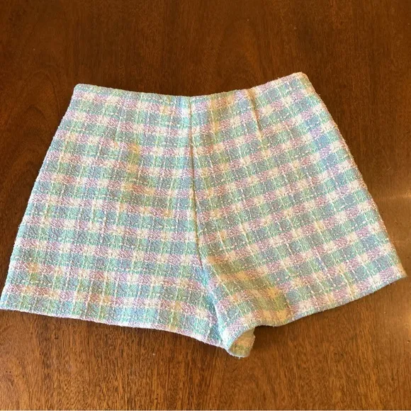 ZARA Green Purple White Textured Tweed Wrap Skirt Shorts Skort
