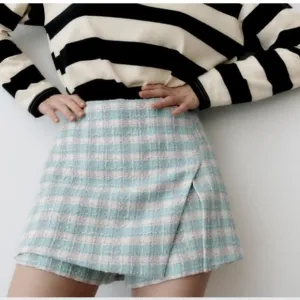 ZARA Green Purple White Textured Tweed Wrap Skirt Shorts Skort