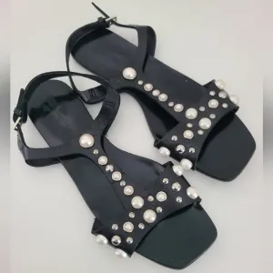 Zara leather flats sandals w/ faux pearl &amp;‎ studs pre loved Size 7.5/38