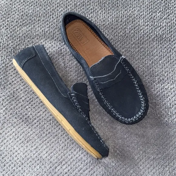 Zara Navy Blue Suede Leather Penny Loafers Moccasins Slip-On Shoes Size 7