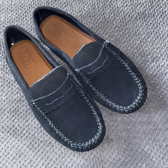 Zara Navy Blue Suede Leather Penny Loafers Moccasins Slip-On Shoes Size 7