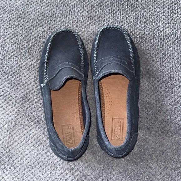 Zara Navy Blue Suede Leather Penny Loafers Moccasins Slip-On Shoes Size 7