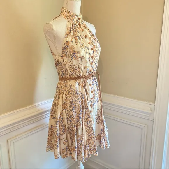 ZARA Neutral Cream Tan Paisley Halter Mock Neck Button Fit Flare Sun Dress NWT