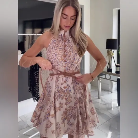 ZARA Neutral Cream Tan Paisley Halter Mock Neck Button Fit Flare Sun Dress NWT