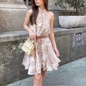 ZARA Neutral Cream Tan Paisley Halter Mock Neck Button Fit Flare Sun Dress NWT