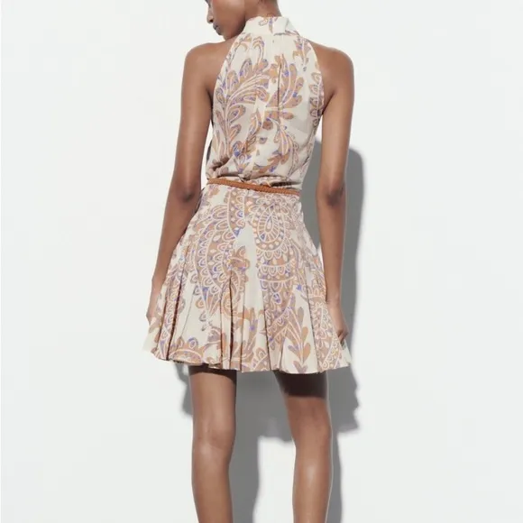 ZARA Neutral Cream Tan Paisley Halter Mock Neck Button Fit Flare Sun Dress NWT